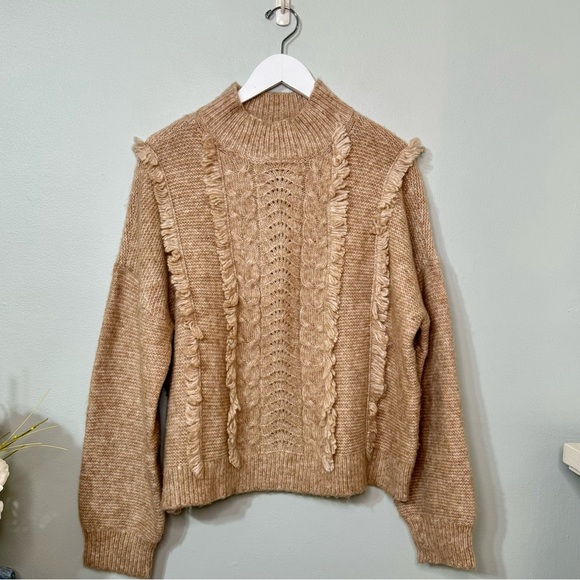 LOFT Fringe Cable Knit Sweater Tan Beige XL - Picture 9 of 10